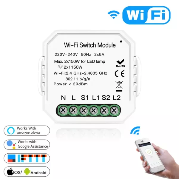 Módulo de interruptor inteligente Wi-Fi + Bluetooth + RF433 - 2 vias